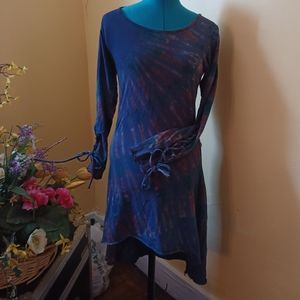 Jayli Fairy style tie dye long sleeve bodycon, corset tie sleeves, high/low hem